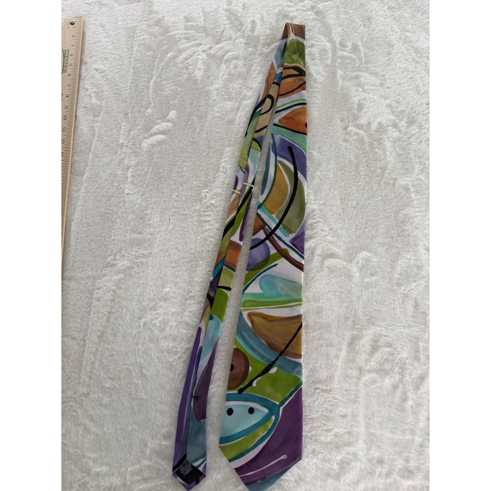 Iro Hand Painted Silk Tie Abstract Geometric Multi Color Purple Green Art‎